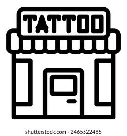 Simplistic line art icon of a tattoo parlor storefront in a bold black and white design