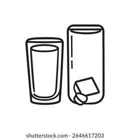 Simplistic line art illustrates two glasses one half-filled with liquid, and another containing ice cubes, all rendered in a clean, vector-style drawing.
