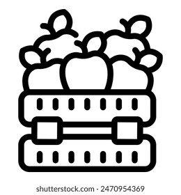 Simplistic line art illustration of a basket brimming with apples