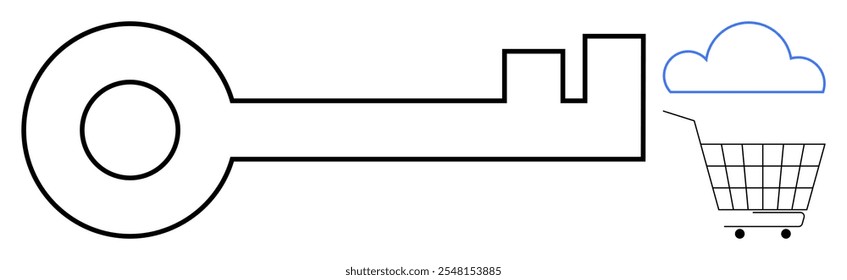 Simplistic line art of a key beside a cloud above a shopping cart Ideal for themes, of online security e-commerce cloud storage digital keys and secure transactions Minimalist modern style