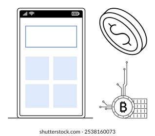 A simplistic line art style drawing of a mobile phone screen displaying a cryptocurrency wallet interface. Two coins, one with a dollar symbol and another representing bitcoin, are shown. Ideal for