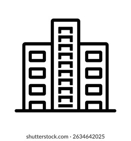 Simplistic line artwork illustrates a contemporary building with three black rectangular towers, showcasing a clean, modern architectural form set against a transparent backdrop.