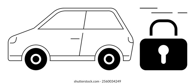 A simplistic line drawing of a car next to a padlock. Ideal for vehicle security, auto insurance, safety features, car rental, and car anti-theft systems. Black and white style