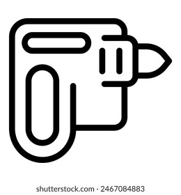 Simplistic line drawing of a power drill icon, isolated on a white background, in black and white