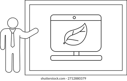 Un dibujo de línea simplista muestra un presentador junto a una pantalla que muestra una hoja