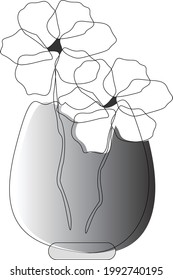 A simplistic line drawing a vase with flowers.