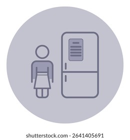 Simplistic line icon of person standing beside refrigerator. Everyday home life concept