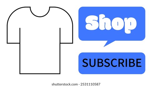 Simplistic line-drawn tshirt outline next to blue speech bubble labeled Shop and rectangular Subscribe button. Ideal for shopping, ecommerce, social media, marketing, online sales, and subscription