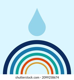 A simplistic minimal retro art style with a rainbow and raindrop against a pale blue background.
