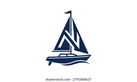 Simplistic navy blue sailboat logo with a flag on top