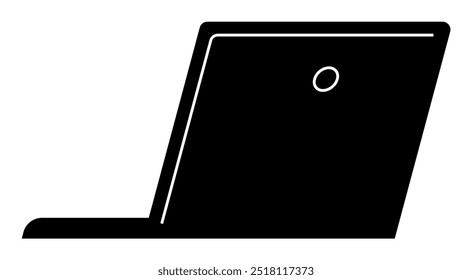 Simplistic open laptop silhouette with visible screen and camera in black and white. Ideal for technology, business, remote work, education, digital communication. Bold, clean, modern.