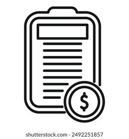 Simplistic outline vector icon illustrating financial planning with a clipboard and a dollar coin