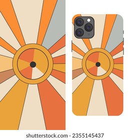 Simplistic phone case design with geometric groovy style Sun, stained glass, mosaic on mockup. Mobile phone cover. Boho, retro art. Abstract vertical background or wallpaper. Vector graphic. Colorful.