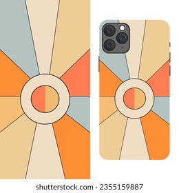 Diseño de estuches de teléfono simplista con estilo de grosor geométrico Sun, vidrios manchados, mosaico sobre la maqueta. Cubierta de teléfono móvil. Boho, arte retro. Resumen de fondo vertical o fondo de pantalla. Gráfico vectorial. Colorido.