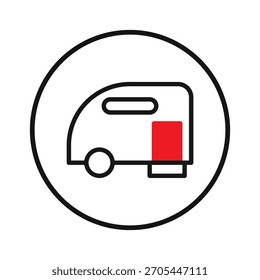 A simplistic rendering of a recreational vehicle, encapsulated within a circle, showcases the essence of travel. The red door adds a pop of color symbolizing journey and outdoorsy ventures. A