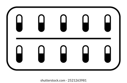 Simplistic representation of a capsule blister pack featuring eight capsules in two rows separated by a line. Ideal for medical, pharmaceutical, healthcare, medication, and pharmacy themes. Minimalist