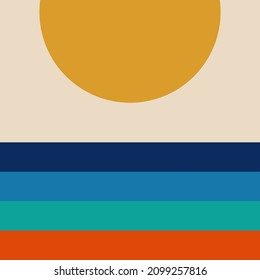 A simplistic retro art style with a calm striped sea and big orange sunset.
