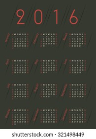 Simplistic retro colored 2016 calendar design with dark background