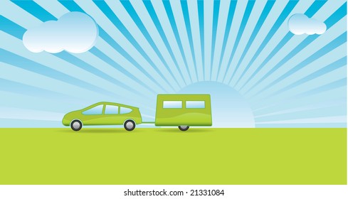 Simplistic style car and caravan with a green theme heading on vacation