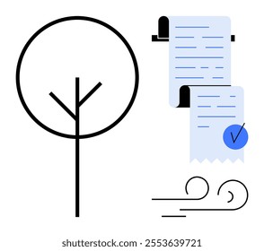 Simplistic style emphasizing environmental conservation featuring a tree, document scroll with a checkmark, and wind symbol. Ideal for nature, compliance, sustainability, ecology, environmental