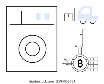 Simplistic style illustration of a digital currency symbol circuit, a minimalist representation of a washing machine, and a truck with a box. Ideal for cryptocurrency, logistics, blockchain, data