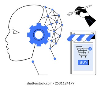 A simplistic style image showing a human head with a gear and neural connections, a hand holding a brush, and an online shopping mobile device. Ideal for artificial intelligence, creativity