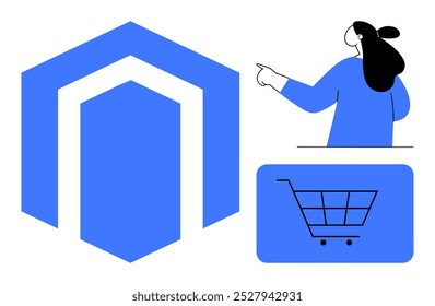 Simplistic style with a person pointing at a website, a shopping cart icon, and a blue geometric shape. Ideal for online shopping, e-commerce, digital marketing, modern business, and technology