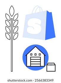 Simplistic style visual with wheat stalk, shopping bag, warehouse and package. Ideal for e-commerce, agriculture, retail, logistics, delivery. It represents elements of the supply chain from