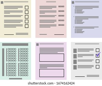 Simplistic survey, voting ballot and test paper examples in six colors