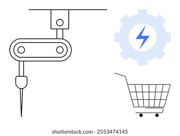 Simplistic symbols include an industrial robotic arm and a shopping cart. Ideal for technology, industry, automation, e-commerce, innovation, and business development themes. Outline minimalistic