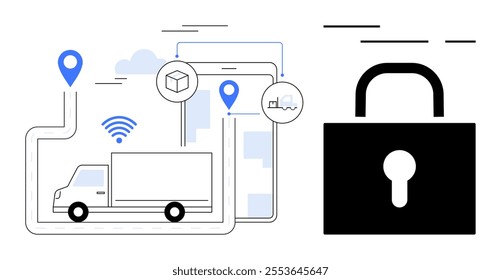 Simplistic vector art showcasing a delivery trucks real-time GPS tracking, connectivity, and shipment details. Ideal for logistics, technology, transportation, supply chain, and security