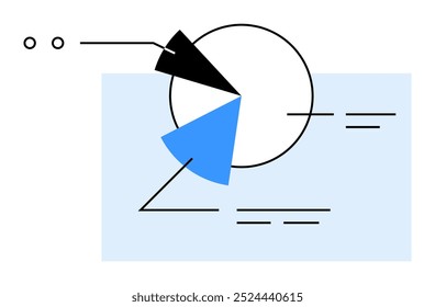 Simplistic vector art showing a pie chart with segments in black and blue, geometric lines, and text symbols on a white and blue background. Ideal for data visualization, business reports