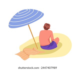 Simplistic vector art of a solo traveler on the beach in a flat design style, great for travel and lifestyle projects.