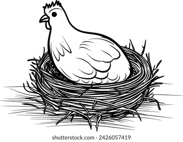 Simplistic Vector Black and white drawing of Chicken Hen Rooster Eggs