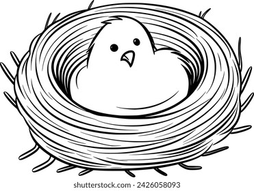 Simplistic Vector Black and white drawing of Chicken Hen Rooster Eggs