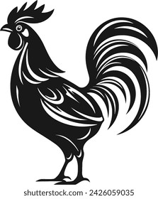 Simplistic Vector Black and white drawing of Chicken Hen Rooster Eggs