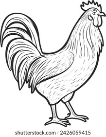 Simplistic Vector Black and white drawing of Chicken Hen Rooster Eggs