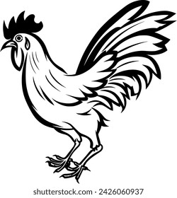 Simplistic Vector Black and white drawing of Chicken Hen Rooster Eggs