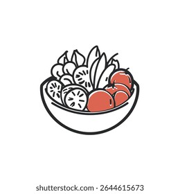 Simplistic vector bowl overflows with leafy greens, sliced lemons, and three red tomatoes; the fruit and vegetables feature simple dark lines on a transparent background.