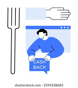 A simplistic vector design showcases a person holding a cashback sign beside a handshake and a fork symbol. Ideal for themes like financial rewards, loyalty programs, customer engagement, money