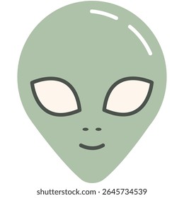 simplistic vector drawing of a green alien with large eyes and a gentle smile, conveying a sense of friendliness and other worlds concept.