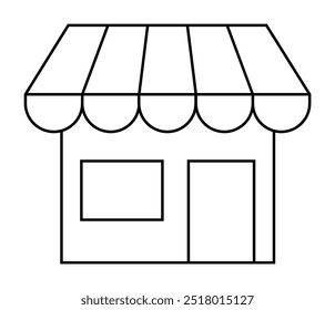 Simplistic vector drawing of a small storefront with a striped awning, a window, and a door. Ideal for business, retail, stores, shopping, and commercial themes.