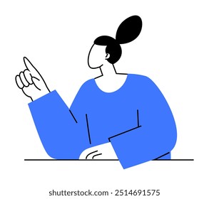 Dibujo de Vector simplista de una mujer con un suéter azul que apunta hacia arriba, lo que implica una idea o sugerencia. Ideal para negocios, educación, presentaciones, creatividad, marketing.