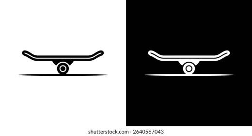 A simplistic vector graphic showcases a skateboard with one visible wheel, presented in both black on white and white on black halves. Side view of minimalist design.