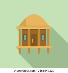 Simplistic vector illustration of a cartoonstyle cabin with long shadow on a green background