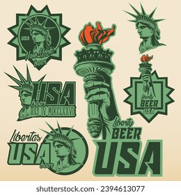 Simplistic vector illustration, labels for beverage of a man holding a torch representing liberty