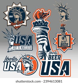 Simplistic vector illustration, labels for beverage of a man holding a torch representing liberty