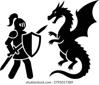Simplistic vector illustration shows a heroic knight confronting a formidable dragon, representing ancient legends and the timeless struggle against mythical adversaries.