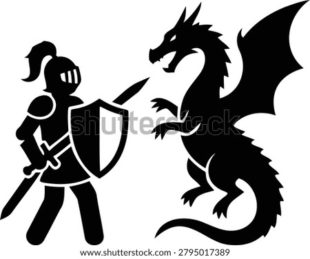 Simplistic vector illustration shows a heroic knight confronting a formidable dragon, representing ancient legends and the timeless struggle against mythical adversaries.