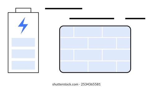 Simplistic vector showing a battery with a lightning symbol and a grid-like structure. Ideal for energy storage, sustainable technology, power management, renewable energy, science education